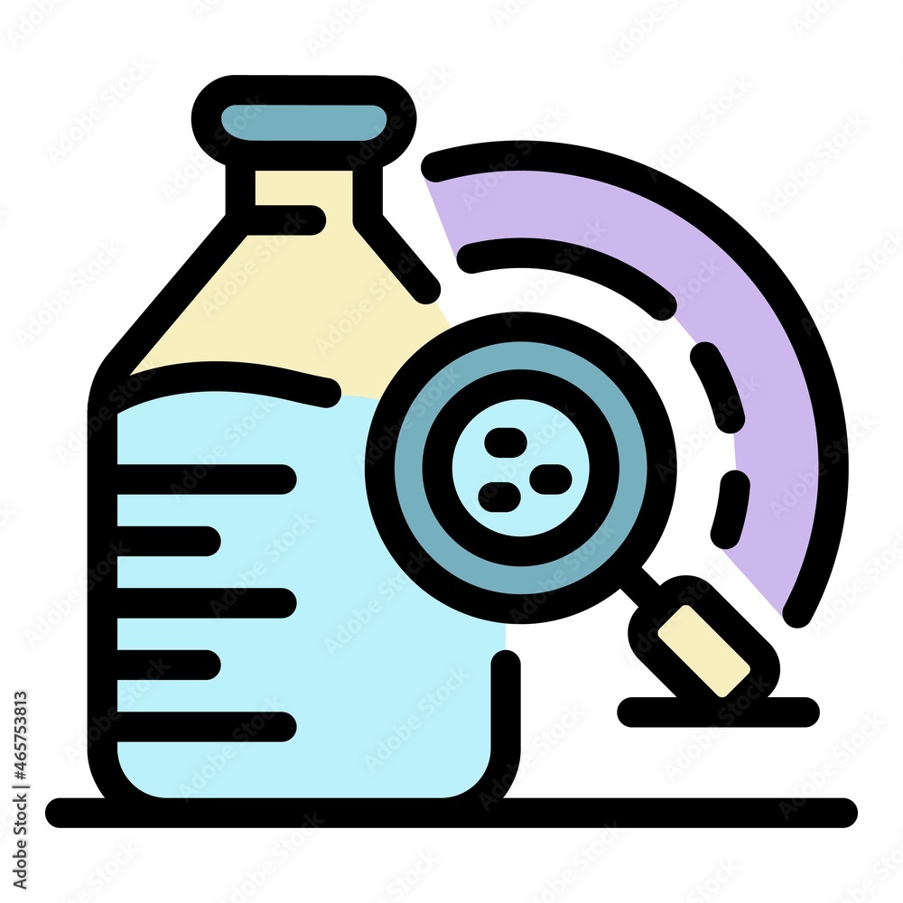 Poster a bottle and magnifier icon. outline a bottle and magnifier vector icon color flat isolated
