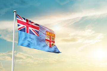 Fiji national flag cloth fabric waving on the sky - Image