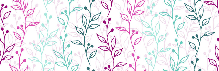 Materiał do szycia Berry bush twigs botanical vector seamless ornament. Gentle floral textile print. Grass plants leaves and blossom illustration. Berry bush branches doodle seamless swatch