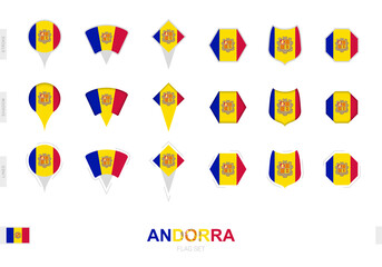 Collection of the Andorra flag in different shapes and with three different effects. - obrazy, fototapety, plakaty