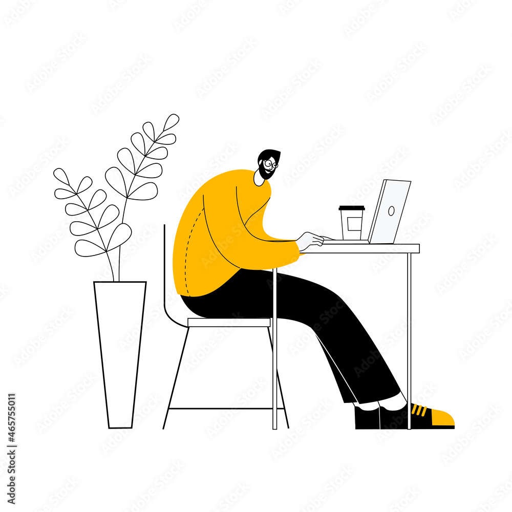 Aufkleber a man sits at a table among flowers and works at a computer. vector illustration in outline style on