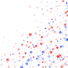 Flying red blue white star sparkles on white vector american patriotic background.