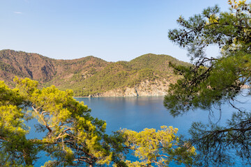 Naklejka premium Beautiful nature landscape of Turkey coastline. View from Lycian way to small bay of Mediterrain sea. This is ancient trekking path famous among hikers.