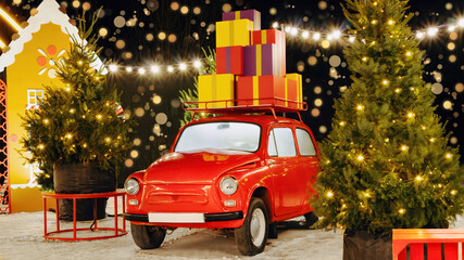 Christmas red car with gifts on the roof. A real vintage red car surrounded by Christmas trees...