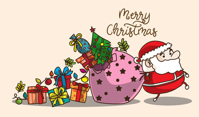 Happy Christmas santa and gift hand drawing