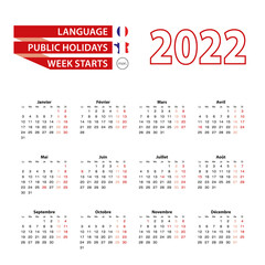 Calendar 2022 in French language with public holidays the country of France in year 2022.