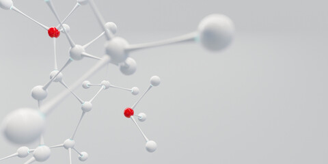 3D rendering of light white molecular structure with red spheres, on a light background.