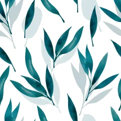 Photo sur Plexiglas Turquoise Modèle sans couture avec des feuilles de turquoise aquarelle. Un motif pour papiers peints photo, pour un arrière-plan dans les réseaux sociaux.