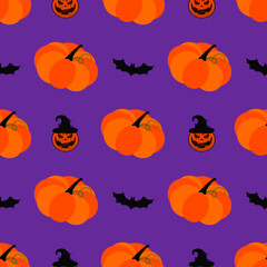 Halloween seamless pattern with pumpkins and bats on purple background, vector illustration.