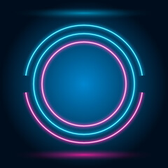 Blue and pink neon border, round sign on dark background, vector illustration.