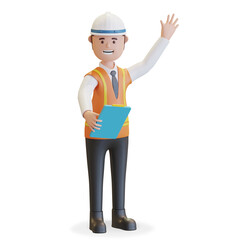 Construction manager project leader wearing safety helmet and vest holding clipboard 3D render illustration