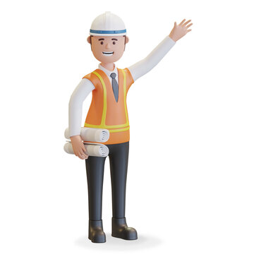 Construction manager project leader wearing safety helmet and vest holding folded blueprint 3D render illustration
