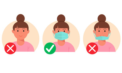 No entry without wearing a mask. Person with and without a medical mask. Infographic.