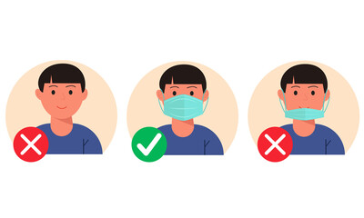 No entry without wearing a mask. Person man with and without a medical mask. Infographic.