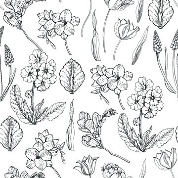 Graphic botanical pattern Spring flowers 