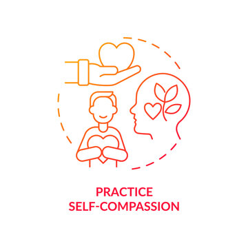 Practice Self Compassion Red Gradient Concept Icon. Happiness Mindset Strategy Abstract Idea Thin Line Illustration. Be Kind And Understanding To Yourself. Vector Isolated Outline Color Drawing