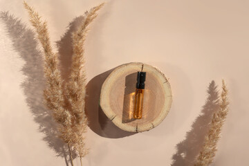 Glass perfume sample with transparent brown liquid on a wooden tray lying on a beige background with pampas grass. Luxury and natural cosmetics presentation. Tester on woodcut in sunlight. Top view - obrazy, fototapety, plakaty