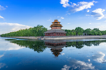 Le coin du rempart de Cité Interdit, le Palais Royal au centre  de Beijing Chine