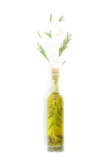 Fototapeta na wymiar Minimal composition with bottle of natural cooking oil and fresh rosemary sprigs on white background. Source of monounsaturated fats. Concept of healthy plant food. Top view, flat lay.