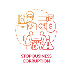 Stop business corruption red concept icon. Corrupted industry abstract idea thin line illustration. Bribery in transactions. Company accused of illicit actions. Vector isolated outline color drawing.