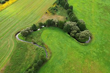 River in the wild. Aerial view of small river in middle of green field and forest in the wilderness. Natural Resource and Ecosystem. Wildlife Refuge Wetland Restoration. European Green Nature Scenery.