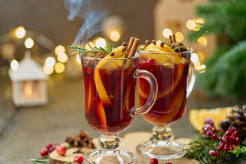 Hot winter red mulled wine punch. Xmas decor. Colorful savory grog beverage. Seasonal alcohol...