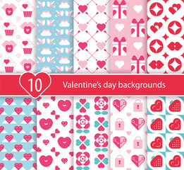 Valentine's day abstract geometric background set with tradional simbols heart, love, kiss, flower, lock, keys, dove, gift. Decorative festive pattern for wrapping paper, wallpaper, textile, packaging