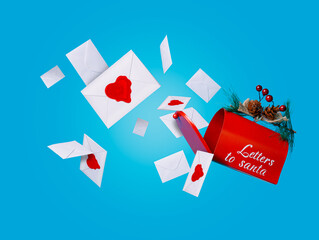 Santa Claus Christmas post with red mailbox and flying envelopes against vibrant blue background. Minimal New Year season concept. Winter holidays idea. Wish list letters to North Pole.