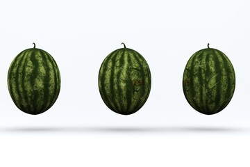 Three large whole watermelons on a white isolated background. 3D graphics, realistic watermelons on a white isolated background. Close-up