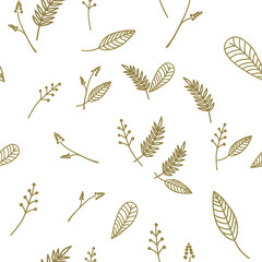 Golden branches with leaves and flowers simple drawing vintage retro seamless pattern