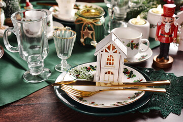 Christmas table setting in green white red colors
