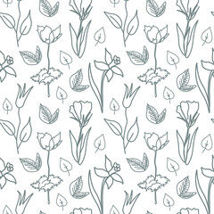 Obraz na płótnie Canvas Vector seamless pattern with Floral botanicals hand drawn gray line. Flowers repeating print with plants in doodle style.Design for textiles,packaging,social media,wrapping paper,scrapbook paper. 