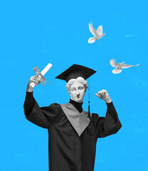 Contemporary art collage of man with antique statue head in graduate gown isolated over blue background