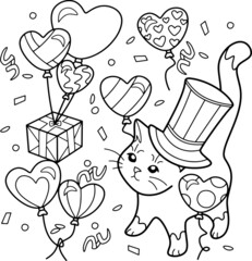 Fototapeta premium Coloring antistress page for adults and children. Romantic cat. 