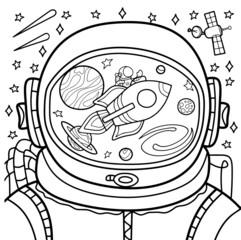 Coloring antistress page for adults and children. Reflection of the universe in an astronaut's helmet, space objects.	