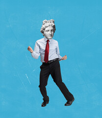 Contemporary art collage of dancing man in official suit with antique statue head isolated over...