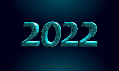 2022 New Year 3D metal ice texture. Glowing shape blue dark neon number illustration. Celebration decoration steel silver chrome poster greeting card vector