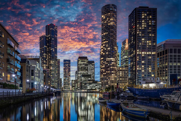 The residential skyscrapers of the Docklands area in Canary Wharf, London, during dusk