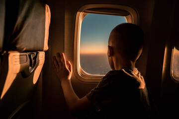 Rear view of a boy in airplane looking through the window.