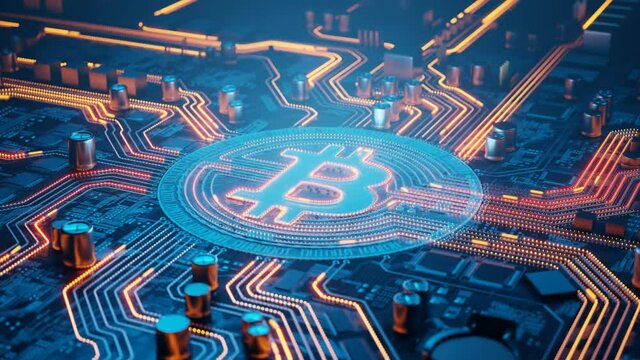 Bitcoin mining. Bitcoin symbol on a motherboard. Virtual cryptocurrency concept