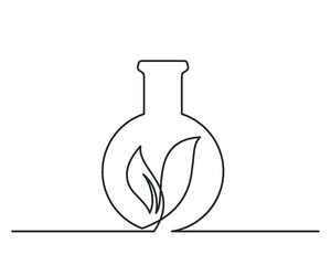 Continuous line drawing of chemical lab retort with leaves inside. Template for your design works. Vector illustration.