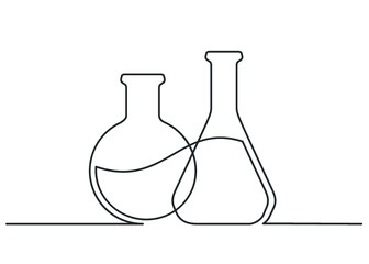 Continuous line drawing of two chemical lab retort. Template for your design works. Vector illustration.