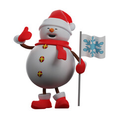 Cute Cartoon Snowman 3D Character has a flag
