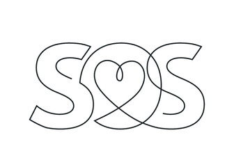 Continuous line drawing of SOS text with the heart in the middle. Vector SOS lettering on white background. SOS distress signal. Vector illustration.