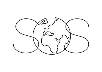 Continuous line drawing of SOS text with the planet earth in the middle. Vector SOS lettering on white background. SOS distress signal. Vector illustration.