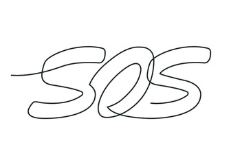 Continuous line drawing of SOS text. Vector SOS lettering on white background. SOS distress signal. Vector illustration.