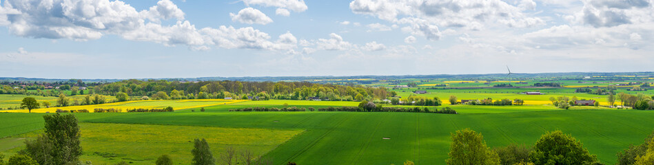 Panoramic view of flat farmlands during spring in Skåne Sweden