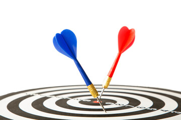 Close up shot red dart arrow on center of dartboard isolated on white, metaphor to target success,...