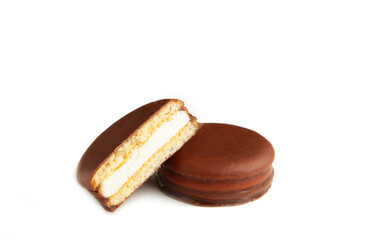 Choco pie chocolate coated snacks isolated on white background.