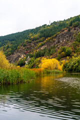 A landscape of Pancharevo lake on a rainy autumn day